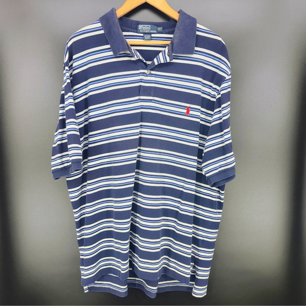 Polo Ralph Lauren Men 2XLT Tall Navy Blue Striped Short Sleeve Cotton Polo Shirt
